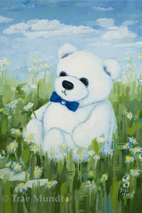 Dexter - Young White Bear Sitting in Field of Daisies Holding a Daisy and Wearing a Blue Bow Tie - Fine Art Print - Bearie Blvd. Bears® by Trae Mundt.