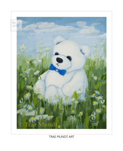 Dexter, Bear Art Print by Trae Mundt. Bearie Blvd. Bears™ collection. White bear wearing blue bow tie sitting in a field of daisies with blue skies and white clouds above.