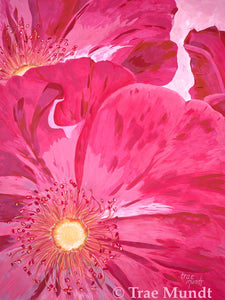 Diva Pink Acrylic Painting by Artist Trae Mundt. Two Large Pink flowers cropped flowers with bright yellow centers. Light pink background.