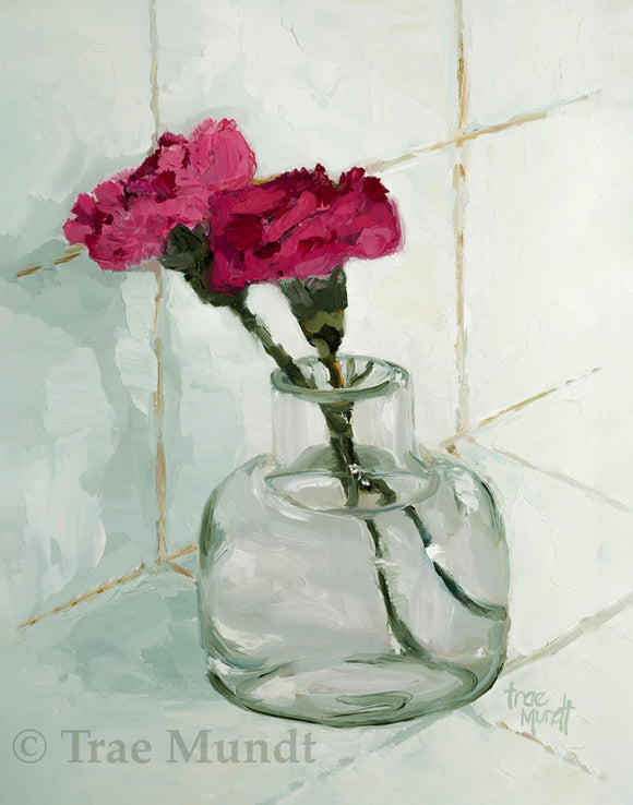 Duet oil painting by artist Trae Mundt. Pink red carnations placed in glass miniature vase. Background colors pale greens and white.