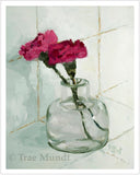 Duet oil painting by artist Trae Mundt. Pink red carnations placed in glass miniature vase. Background colors pale greens and white.