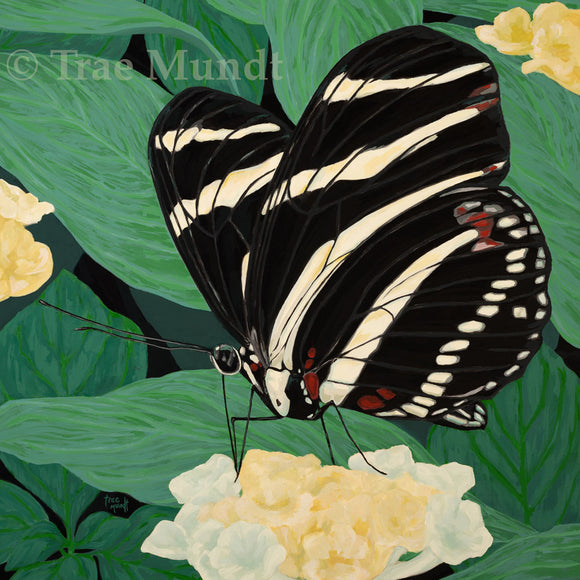 Elegant - Zebra Longwing Butterfly Gracefully Standing Atop Stylized Lantana Garden Blooms Surrounded by Green Leaves - Acrylic Painting - 24x24x1.5 Inches on Canvas - Price Includes Pale Yellow Champagne Floater Frame by artist Trae Mundt.