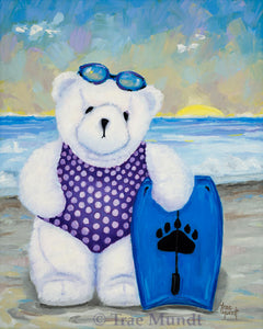 Elsie, Bear Art Print by Trae Mundt. Bearie Blvd. Bears™ collection. White bear wearing purple polka dot swimsuit standing with blue boogie board day at the beach