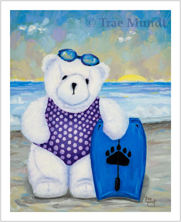Elsie, Bear Art Print by Trae Mundt. Bearie Blvd. Bears™ collection. White bear wearing purple polka dot swimsuit standing with blue boogie board day at the beach