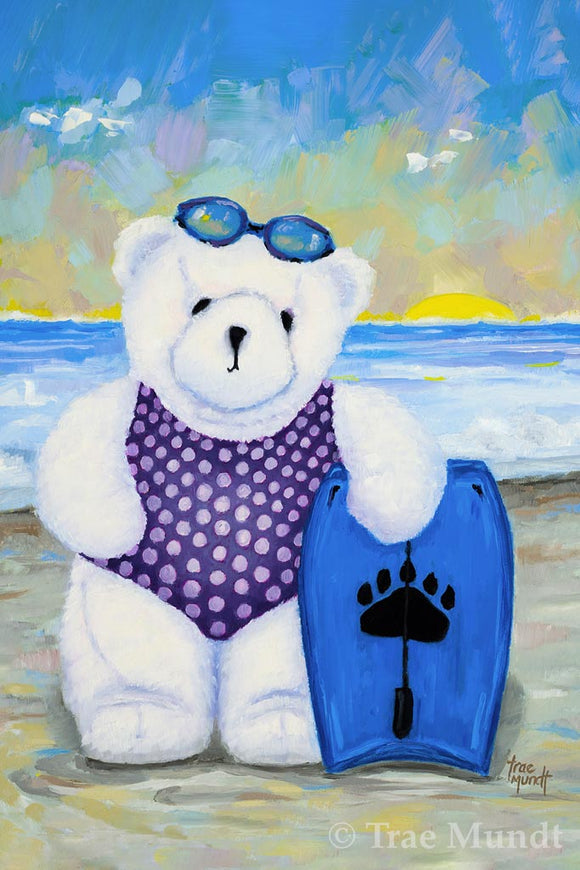 Elsie - White Bear at Beach Wearing Purple Polka Dot Swimsuit Standing next to her Blue Boogie Board - Bearie Blvd. Bears® by Trae Mundt.