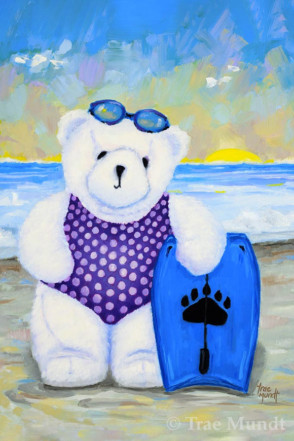 Elsie - White Bear at Beach Wearing Purple Polka Dot Swimsuit Standing next to her Blue Boogie Board - Bearie Blvd. Bears® by Trae Mundt.