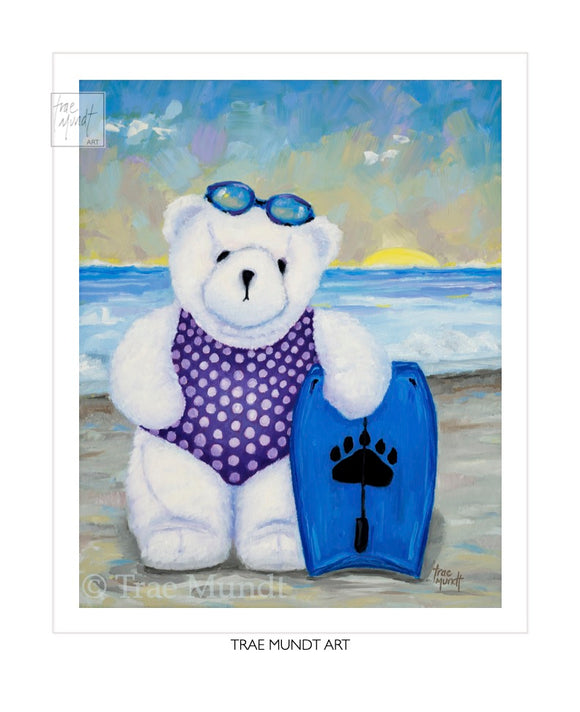 Elsie, Bear Art Print by Trae Mundt. Bearie Blvd. Bears™ collection. White bear wearing purple polka dot swimsuit standing with blue boogie board day at the beach.