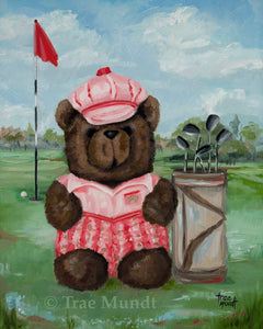 Emmett - brown bear art print by Trae Mundt. Bearie Blvd. Bears ™. Brown bear wearing red and brown plaid golf pants, pink t-shirt and striped golf hat standing on the golf course with golf clubs in bag with golf ball near golf flag.