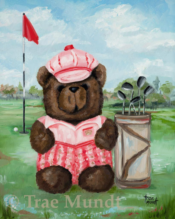 Emmett - brown bear art print by Trae Mundt. Bearie Blvd. Bears ™. Brown bear wearing red and brown plaid golf pants, pink t-shirt and striped golf hat standing on the golf course with golf clubs in bag with golf ball near golf flag.