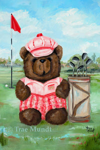 Emmett - Brown bear Wearing Red and Brown Plaid Golf Pants, Pink T-shirt, and Striped Golf Hat Standing on the Golf Course with Golf Clubs in Bag - Bearie Blvd. Bears® by Trae Mundt.