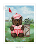 Emmett - bear art print by Trae Mundt. Bearie Blvd. Bears ™. Brown teddy bear wearing red and brown plaid golf pants, pink t-shirt and striped golf hat standing on the golf course with golf clubs in bag with golf ball near golf flag.