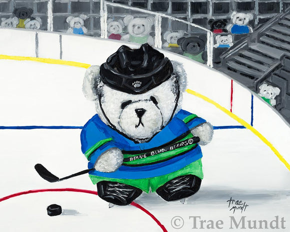 Evan - White Bear Playing Ice Hockey Holding Hockey Stick Wearing Blue, Green, and Black Uniform, Black Skates, and White Helmet surrounded by Bear Fans in the Stands - Bearie Blvd. Bears® by Trae Mundt. 