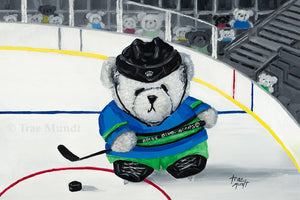 Evan - White Bear Playing Ice Hockey Holding Hockey Stick Wearing Blue, Green, and Black Uniform, Black Skates, and Black Helmet Surrounded by Bear Fans in the Stands - Fine Art Print - Bearie Blvd. Bears® by Trae Mundt.