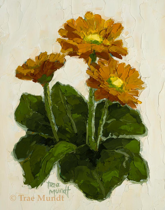 Faith, Hope, Charity is an oil painting by artist Trae Mundt. Three yellow-orange daisies atop green leaves with a yellow cream textured background. . Entire painting painted with a palette knife.