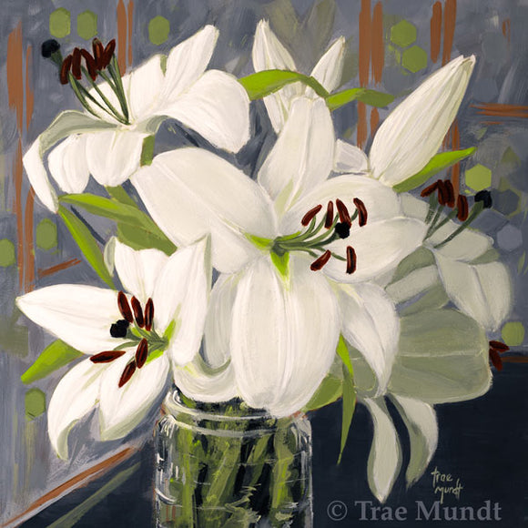 Favorite - White Lilies Displayed in Clear Crystal Vase Against Gray Backdrop Acrylic Painting on Cradled Panel 12x12x1.5 inches by Trae Mundt