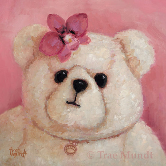 Francine by artist Trae Mundt. Bearie Blvd Bears ® oil painting. Portrait of tan bear with pink orchid headdress and bear paw necklace.