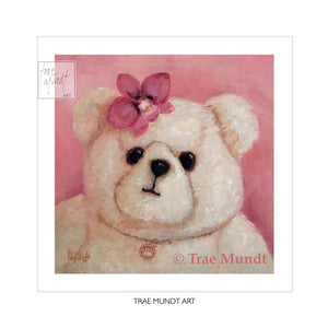 Francine by artist Trae Mundt. Bearie Blvd Bears ® oil painting. Portrait of tan teddy bear with pink orchid headdress and bear paw necklace.