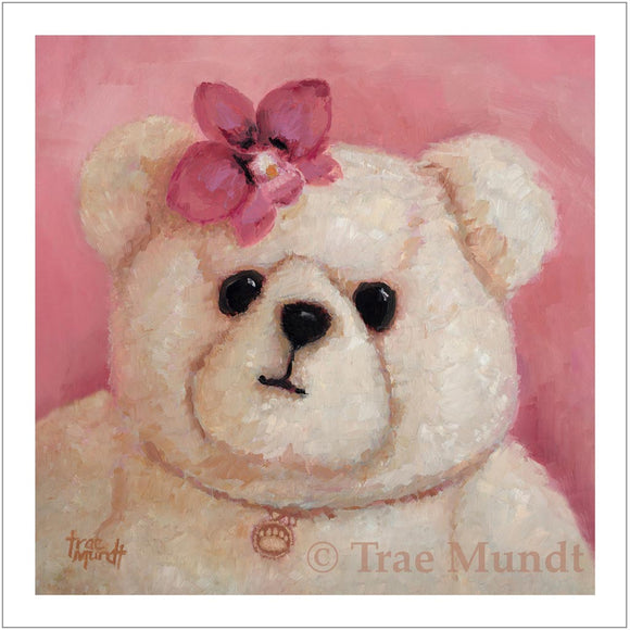 Francine by artist Trae Mundt. Bearie Blvd Bears ® oil painting. Portrait of tan bear with pink orchid headdress and bear paw necklace.