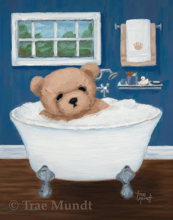 Franky by artist Trae Mundt. Bearie Blvd Bears ® fine art print. Brown bear taking a bubble bath in a white clawfoot tub in blue and white bathroom.