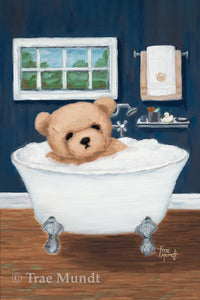 Franky by artist Trae Mundt. Bearie Blvd Bears ® fine art print. Brown bear taking a bubble bath in a white clawfoot tub in blue and white bathroom.