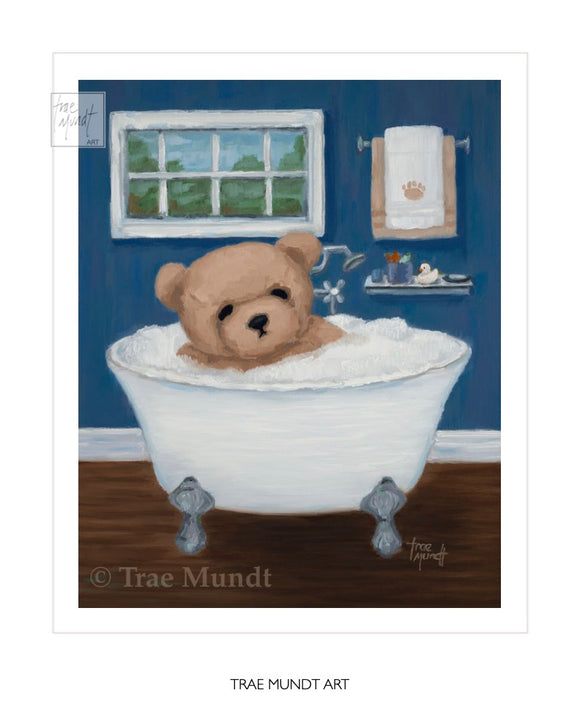Franky by artist Trae Mundt. Bearie Blvd Bears ® fine art print. Brown bear taking a bubble bath in a white clawfoot tub in blue and white bathroom.