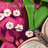 Gentility - White Southern Butterfly Gracefully Resting Atop Pink Bougainvillea Bracts with White Flowers and Green Leaves with Rich Brown Background - Acrylic Painting - 16x20x.875 Inches on Canvas - Price Includes Silver Nickel Frame by artist Trae Mundt.