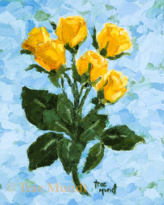 Goldies oil painting by artist Trae Mundt. Six yellow roses with beautiful green leaves and stems. Painted with a background of blues and greens and teal. Palette knife painting.