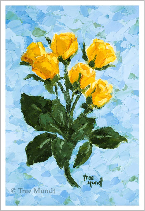 Goldies - Six Yellow Roses with Beautiful Green Leaves and Stems with Background of Blues, Greens and Teal - Giclee Art Print by Trae Mundt.