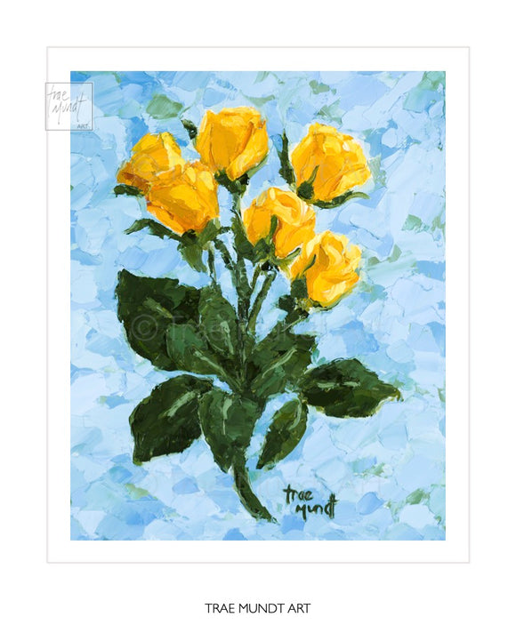 Goldies art print of oil painting by artist Trae Mundt. Six yellow roses with beautiful green leaves and stems. Painted with a background of blues and greens and teal. Palette knife painting.