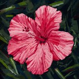 Gorgeous - Pink-Red Hibiscus Flower with Background of Green, Black Dark Gray Foliage - Limited Edition Art Print.Gorgeous Oil painting of Pink-Red Hibiscus Flower with Background of Green, Black Dark Gray Foliage - Limited Edition Art Print by Trae Mundt.