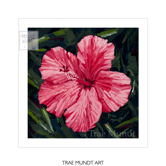 Gorgeous Oil painting of Pink-Red Hibiscus Flower with Background of Green, Black Dark Gray Foliage - Limited Edition Art Print by Trae Mundt.