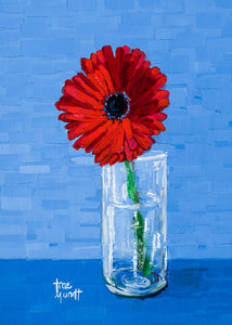 Hello - Single Red Gerbera Placed in Cylindric Glass Vase with Cobalt Blue Background by Trae Mundt.
