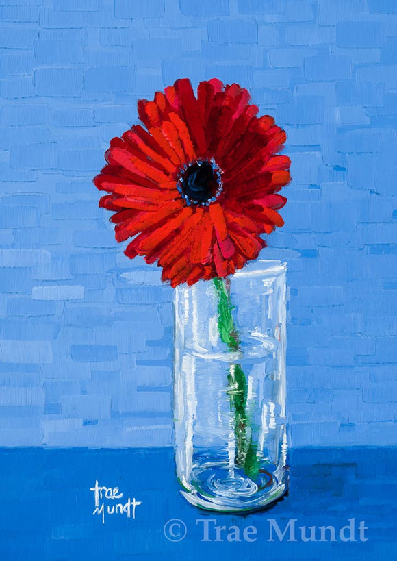Hello - Single Red Gerbera Placed in Cylindric Glass Vase with Cobalt Blue Background by Trae Mundt.