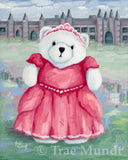 Art print of Henrietta, Teddy Bear Oil Painting by artist Trae Mundt. Bearie Blvd. Bears® collection. White princess teddy bear wearing jeweled tiara and red and pink ball gown standing in front of her castle.