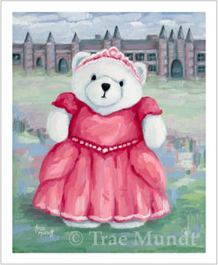 Henrietta, Bear Oil Painting by artist Trae Mundt. Bearie Blvd. Bears® collection. White princess bear wearing jeweled tiara and red and pink ball gown standing in front of her castle.