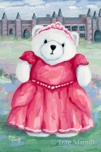 Henrietta - White Princess Bear Wearing Jeweled Tiara and Red and Pink Ball Gown Standing in Front of Her Castle - Bearie Blvd. Bears® by Trae Mundt.