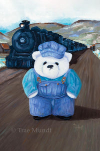 Humphrey - White Bear Wearing Blue Striped Overalls Standing in front of Black Train Locomotive - Fine Art Print - Bearie Blvd. Bears®