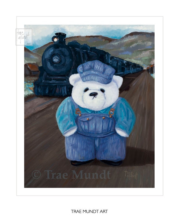 Humphrey, Bear Art Print by Trae Mundt. Bearie Blvd. Bears™ collection. White bear wearing blue striped overalls standing in front of his black train locomotive.