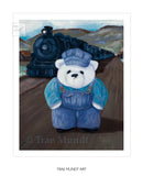 Humphrey, Bear Art Print by Trae Mundt. Bearie Blvd. Bears™ collection. White bear wearing blue striped overalls standing in front of his black train locomotive.