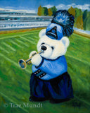 Joey, white bear art print by Trae Mundt. Bearie Blvd Bears™. White bear wearing blue uniform with blue shako marching on football field playing his trumpet.