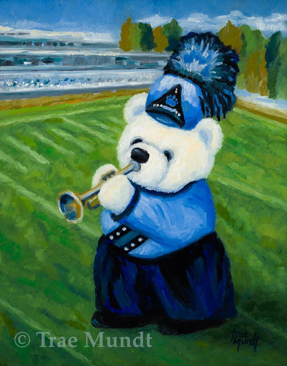 Joey, bear art print by Trae Mundt. Bearie Blvd Bears™. White bear wearing blue uniform with blue shako marching on football field playing his trumpet.