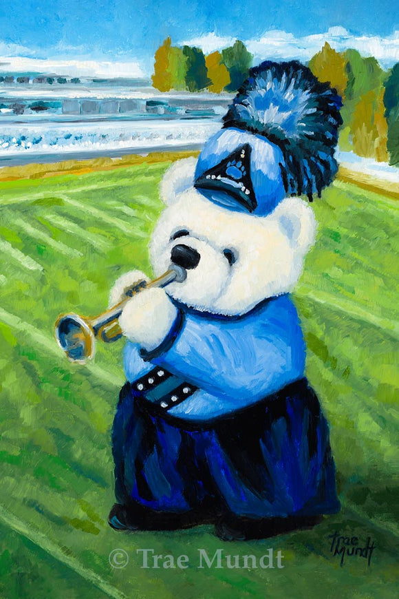 Joey - White Bear Wearing Light and Dark Blue Marching Band Uniform and Shako While Playing Trumpet on Football Field - Fine Art Print - Bearie Blvd. Bears® by Trae Mundt.