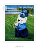 Joey, white bear art print by Trae Mundt. Bearie Blvd Bears™. White bear wearing blue uniform with blue shako marching on football field playing his trumpet.