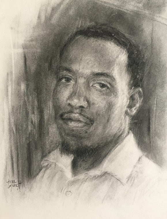 John - portrait of african american man wearing white shirt by Trae Mundt.