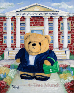 Justine - Bear Art Print by Trae Mundt. Golden bear is a lawyer dressed in a blue suit jacket and skirt holding a kelly green briefcase standing in front of brick court house with flowers in the garden in front of the building.