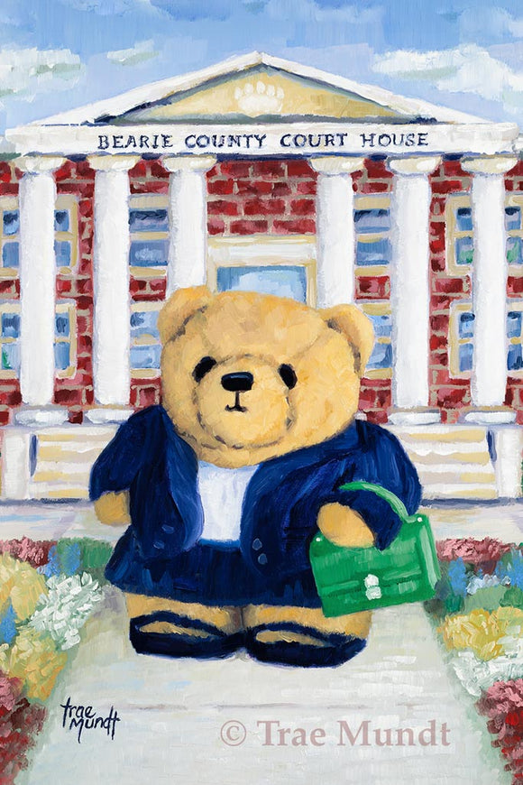 Justine - Golden Bear Lawyer Standing in Front of Brick Courthouse Wearing Dark Blue Suit and Carrying Kelly Green Briefcase - Fine Art Print - Bearie Blvd. Bears® by Trae Mundt