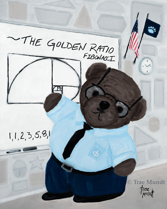 Kevin - bear art print by artist Trae Mundt. Bearie Blvd. Bears®. Brown bear wearing blue tinted glasses, turquoise shirt with black tie and blue slacks teaching math fibonacci the golden ratio. White erase board. Classroom wall has Geometric shapes including stars, squares, trapezoids, trapezium, rhomboid, traingle, rectangle, scalene triangle, right angle triangle. American flag and navy blue pennant flag.