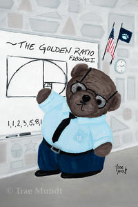 Kevin - Brown Bear Wearing Tinted Glasses, Turquoise Shirt with Black Tie, and Slacks Teaching Math Fibonacci The Golden Ratio, Classroom Wall has Geometric Shapes - Fine Art Print - Bearie Blvd. Bears® by Trae Mundt.