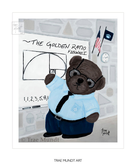 Kevin - bear art print by artist Trae Mundt. Bearie Blvd. Bears®. Brown teddy bear wearing blue tinted glasses, turquoise shirt with black tie and blue slacks teaching math fibonacci the golden ratio. White erase board. Classroom wall has Geometric shapes including stars, squares, trapezoids, trapezium, rhomboid, traingle, rectangle, scalene triangle, right angle triangle. American flag and navy blue pennant flag.