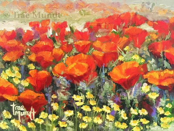 Lancaster's Finest - Field of Orange Poppies surrounded by tiny yellow daisies and purple flowers.Art Print by Trae Mundt. Golden Poppies. State Flower of California.